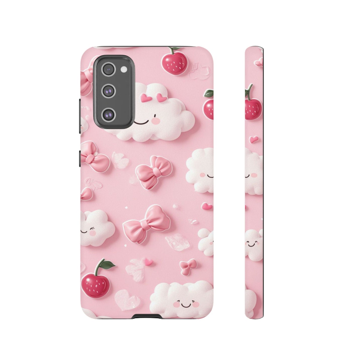 Cute Pink Kawaii Cloud and Cherry Phone Case - Tough Dual-Layer Cover with 3D Bows for iPhone 17, Samsung Galaxy & Pixel