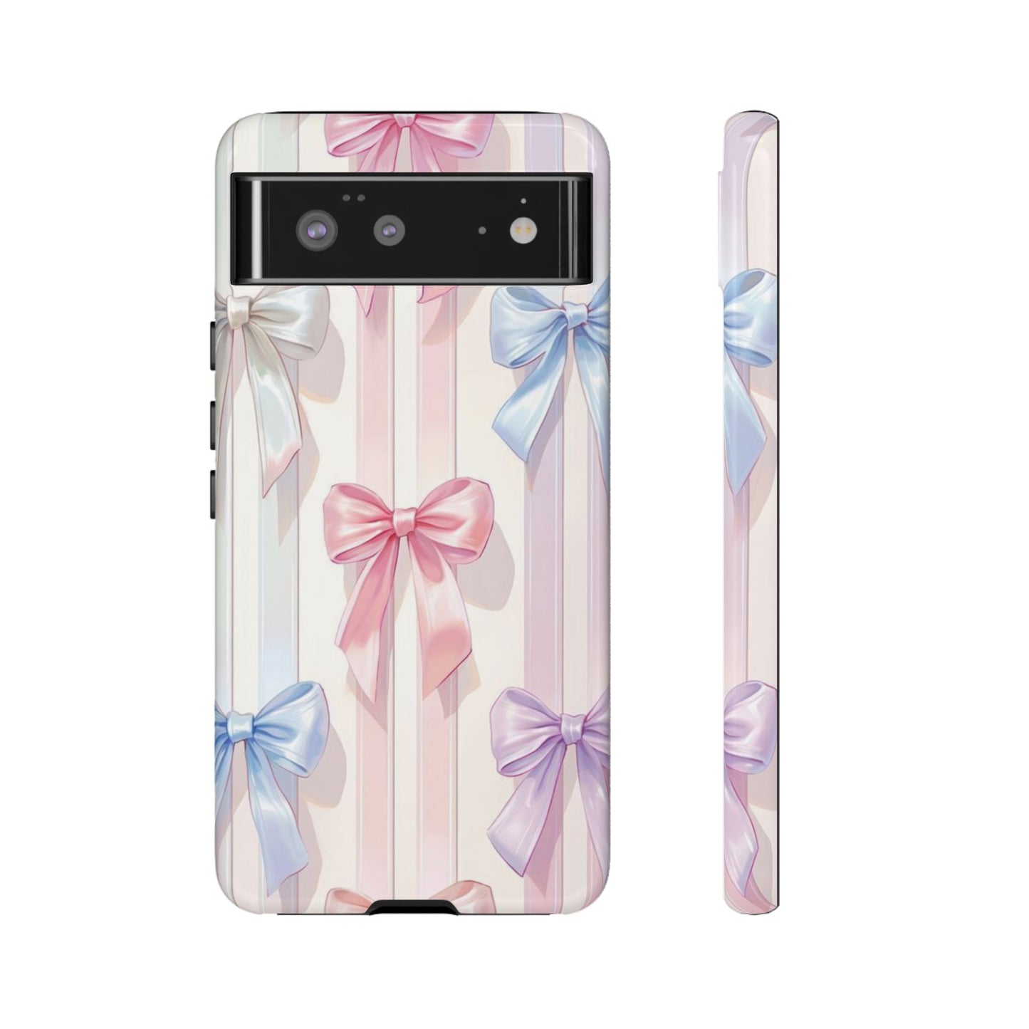 Pastel Ribbon Stripe Phone Case - Coquette Aesthetic Dual-Layer Bow Cover for iPhone 17, Samsung Galaxy & Google Pixel