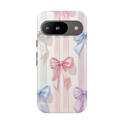 Pastel Ribbon Stripe Phone Case - Coquette Aesthetic Dual-Layer Bow Cover for iPhone 17, Samsung Galaxy & Google Pixel