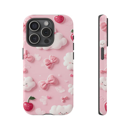 Cute Pink Kawaii Cloud and Cherry Phone Case - Tough Dual-Layer Cover with 3D Bows for iPhone 17, Samsung Galaxy & Pixel