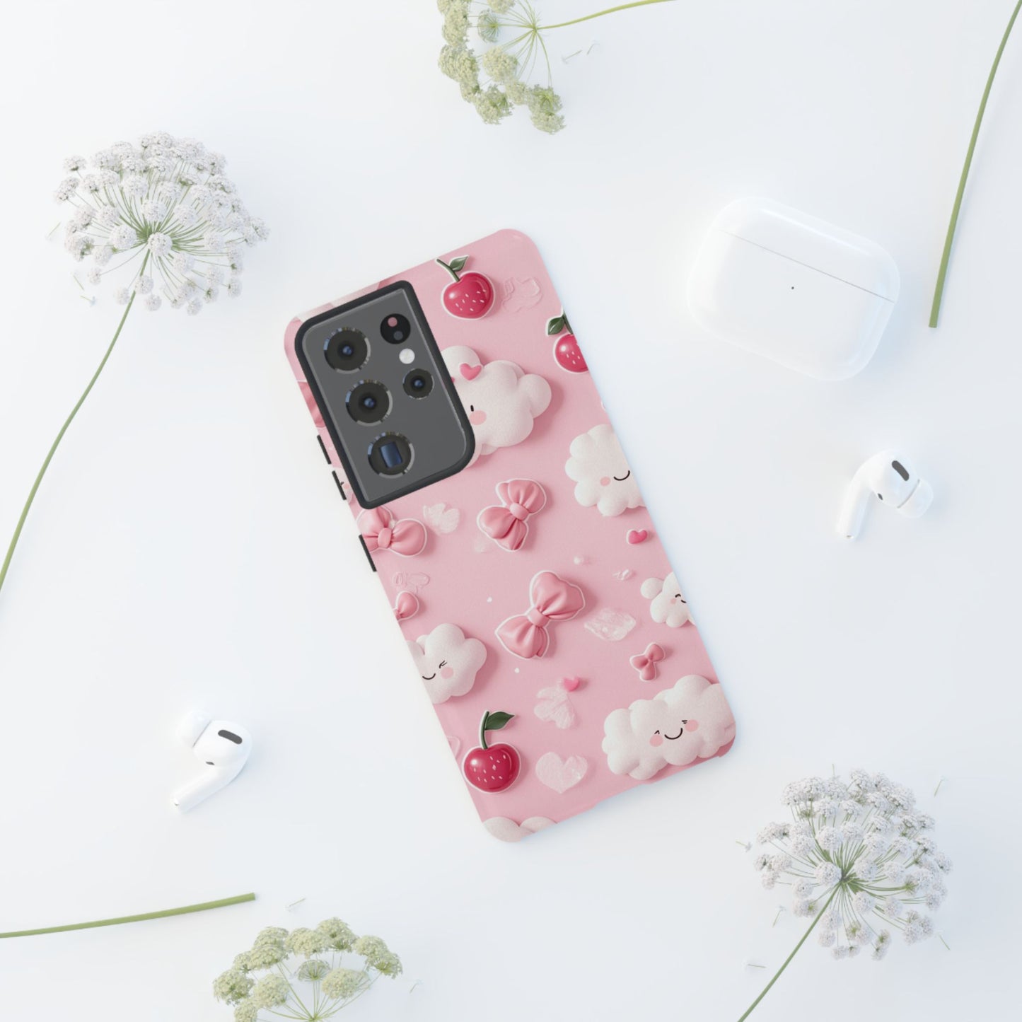 Cute Pink Kawaii Cloud and Cherry Phone Case - Tough Dual-Layer Cover with 3D Bows for iPhone 17, Samsung Galaxy & Pixel