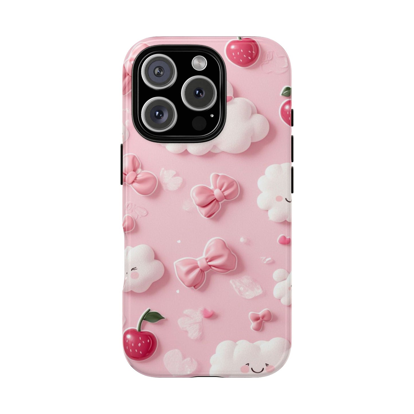 Cute Pink Kawaii Cloud and Cherry Phone Case - Tough Dual-Layer Cover with 3D Bows for iPhone 17, Samsung Galaxy & Pixel