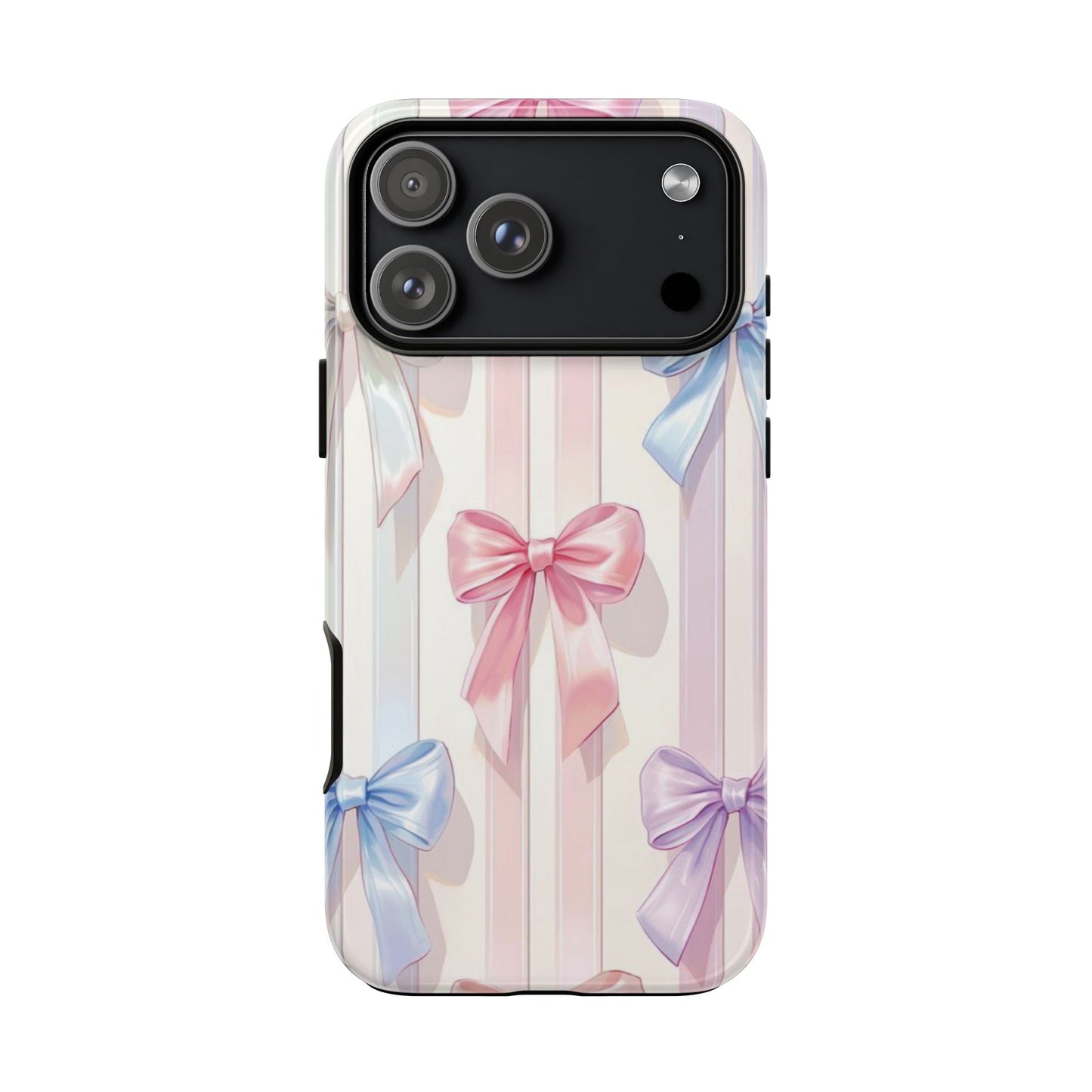 Pastel Ribbon Stripe Phone Case - Coquette Aesthetic Dual-Layer Bow Cover for iPhone 17, Samsung Galaxy & Google Pixel