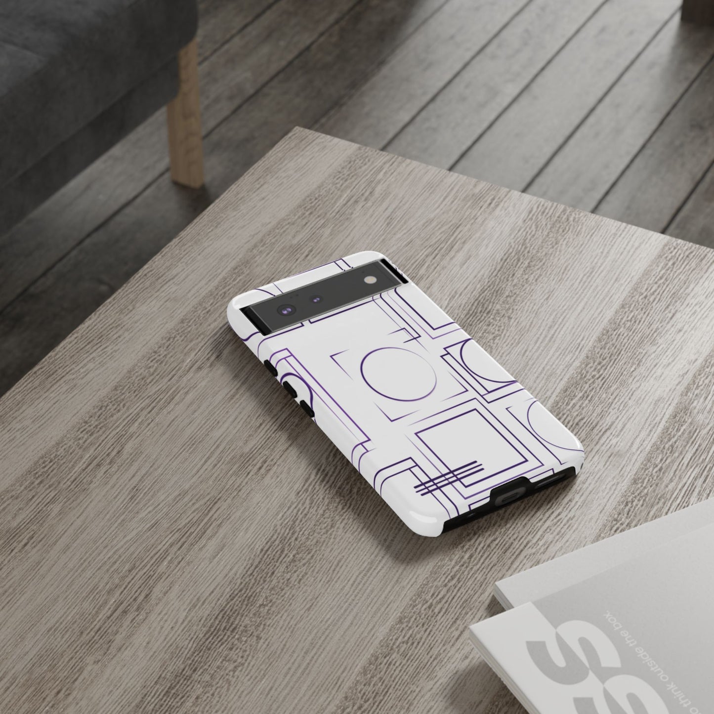 Modern Geometric Line Art Phone Case - Abstract Purple & White Tough Cover for iPhone 17, Samsung Galaxy & Google Pixel